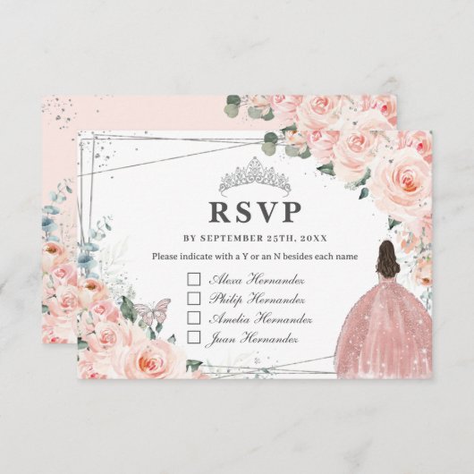Blush Bloemen Zilver QUINCEAÑERA Reageer op Namen RSVP Kaartje (Voorkant / Achterkant)