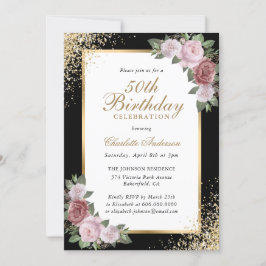 Blush Bloemen Zwart Goud Confetti 50ste Verjaardag Kaart