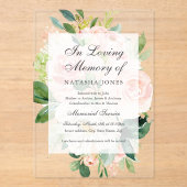 Blush Bloemenblad Clear Acrylic Memorial Service Acryl Uitnodigingen (Voorkant)