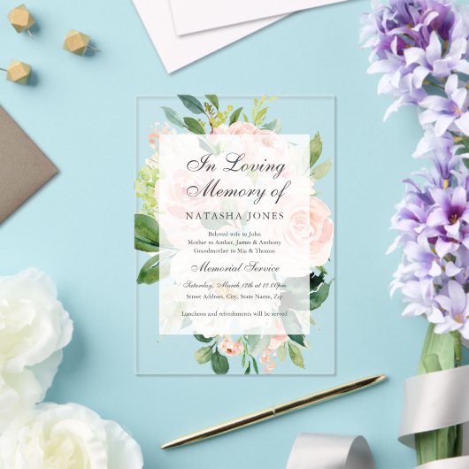 Blush Bloemenblad Clear Acrylic Memorial Service Acryl Uitnodigingen (Insitu (Huwelijk))