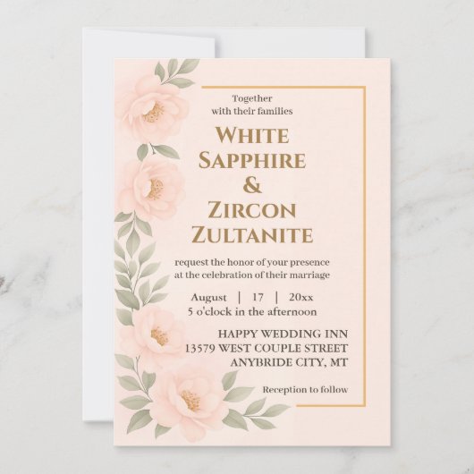 Blush bloemenbruiloft uitnodiging met gouden Lijst (Voorkant)
