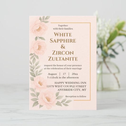 Blush bloemenbruiloft uitnodiging met gouden Lijst (Staand voorkant)