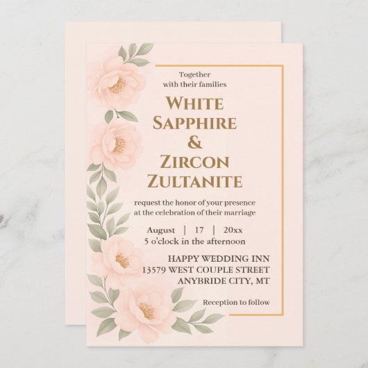 Blush bloemenbruiloft uitnodiging met gouden Lijst (Voorkant / Achterkant)