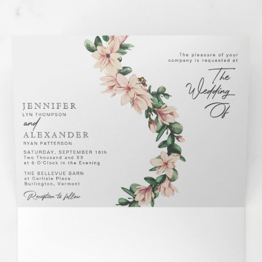 Blush bloemeneucalyptus bruiloft alles in één drieluik uitnodiging (Binnenzijde eerst)