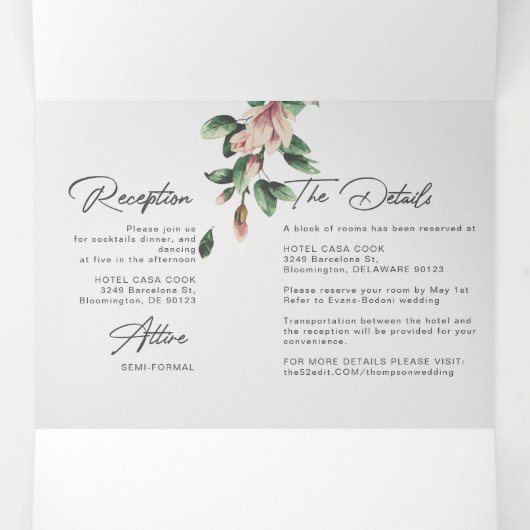 Blush bloemeneucalyptus bruiloft alles in één drieluik uitnodiging (Binnenkant midden)