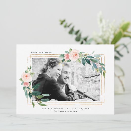 Blush bloemenfoto bruiloft Bewaar de datumkaart Bedankkaart (Staand voorkant)