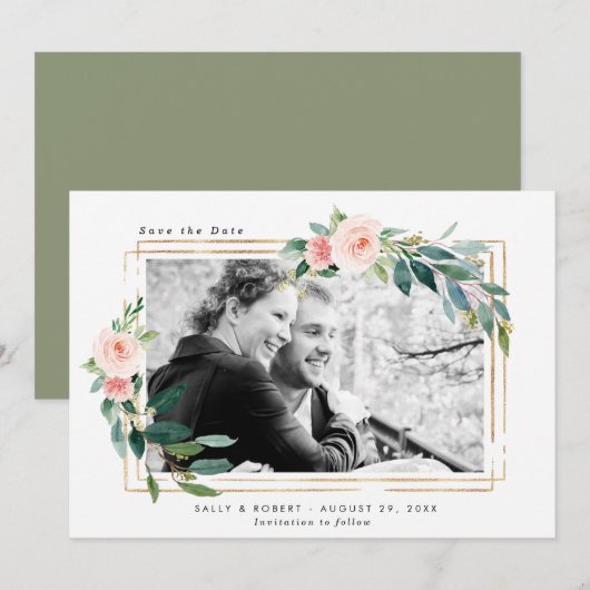 Blush bloemenfoto bruiloft Bewaar de datumkaart Bedankkaart (Voorkant / Achterkant)