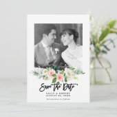 Blush bloemenfoto bruiloft Bewaar de datumkaart Bedankkaart (Staand voorkant)