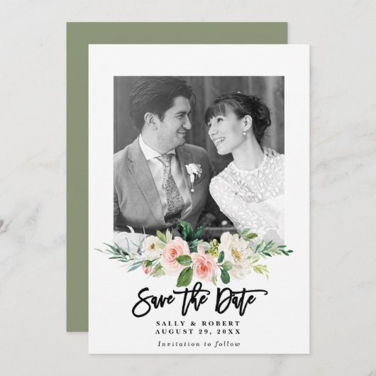 Blush bloemenfoto bruiloft Bewaar de datumkaart Bedankkaart (Voorkant / Achterkant)