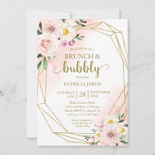 Blush bloemengoud brunch en bubbelig Vrijgezellenf Kaart (Voorkant)