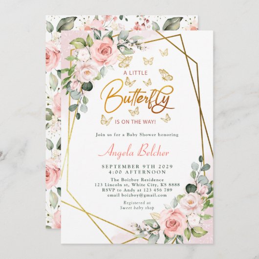 Blush bloemengoud een beetje vlinder Baby shower Kaart (Voorkant / Achterkant)