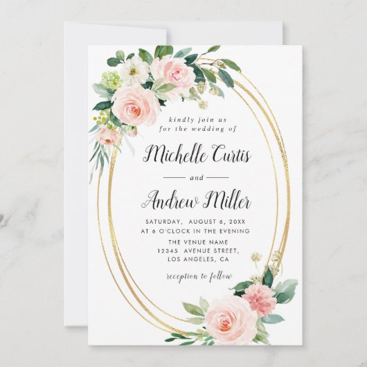 Blush bloemengouden ring bruiloft uitnodiging (Voorkant)