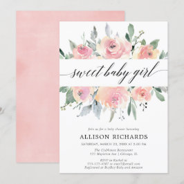 Blush bloemenkalligrafie elegant meisje baby showe kaart