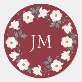 Blush Bloemenkrans Bourgondië Monogram Bruiloft Ronde Sticker