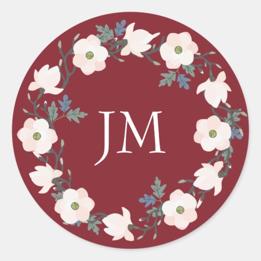 Blush Bloemenkrans Bourgondië Monogram Bruiloft Ronde Sticker (Voorkant)