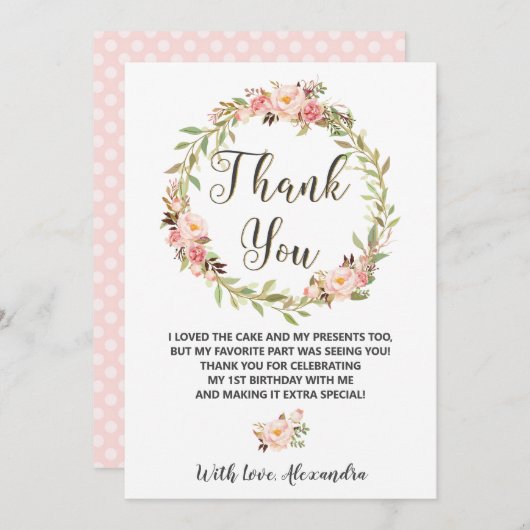 Blush bloemenkrans EEN 1e verjaardag chic Bedankkaart (Voorkant / Achterkant)