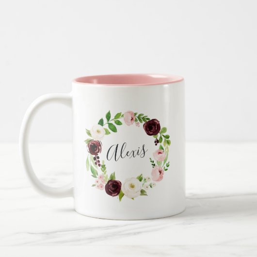Blush bloemenkrans gepersonaliseerd tweekleurige koffiemok (Links)