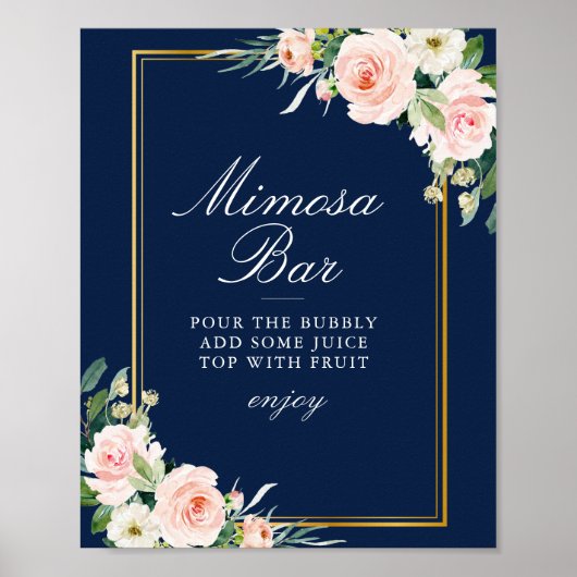 Blush bloemenmarine blauw mimosa bar teken poster (Voorkant)