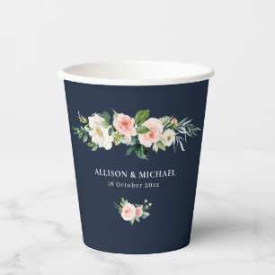 Blush bloemenmarine blauwe bruiloft papieren bekers
