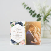 Blush bloemenmarineblauw foto Save the date Briefkaart (Staand voorkant)