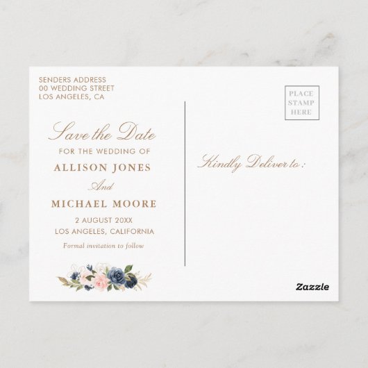 Blush bloemenmarineblauw foto Save the date Briefkaart (Achterkant)