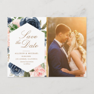 Blush bloemenmarineblauw foto Save the date Briefkaart