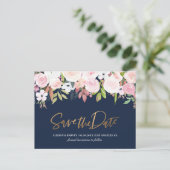 Blush bloemenmarineblauw Save the date Briefkaart (Staand voorkant)