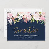 Blush bloemenmarineblauw Save the date Briefkaart (Voorkant / Achterkant)