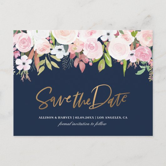 Blush bloemenmarineblauw Save the date Briefkaart (Voorkant)