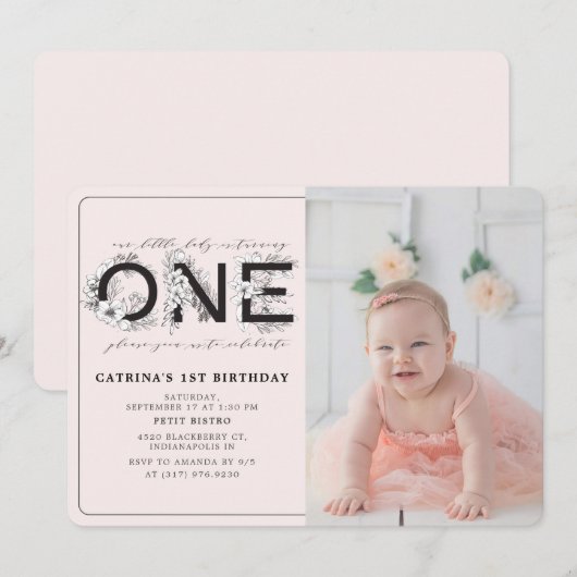 Blush bloemenmeisje 1e verjaardag foto kaart (Voorkant / Achterkant)