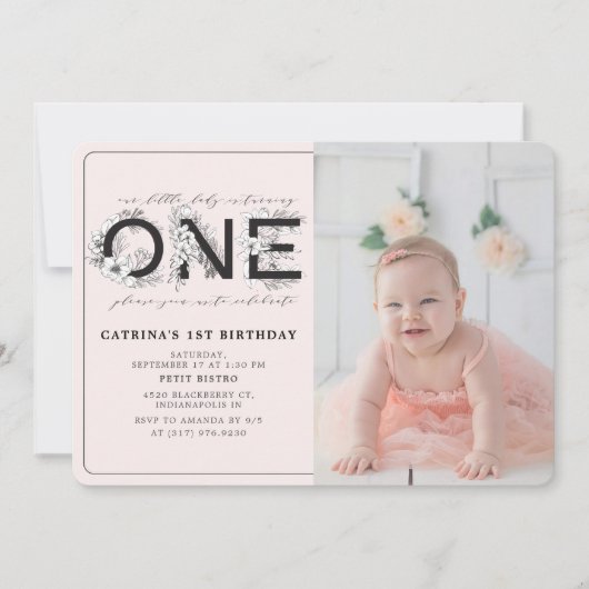 Blush bloemenmeisje 1e verjaardag foto kaart (Voorkant)