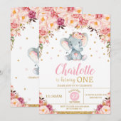 Blush bloemenolifant 1e verjaardag gouden glitter kaart (Voorkant / Achterkant)