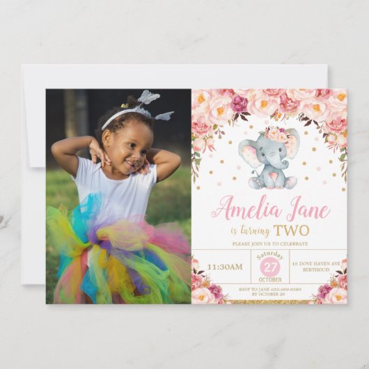 Blush bloemenolifant 2e verjaardag gouden foto kaart (Voorkant)