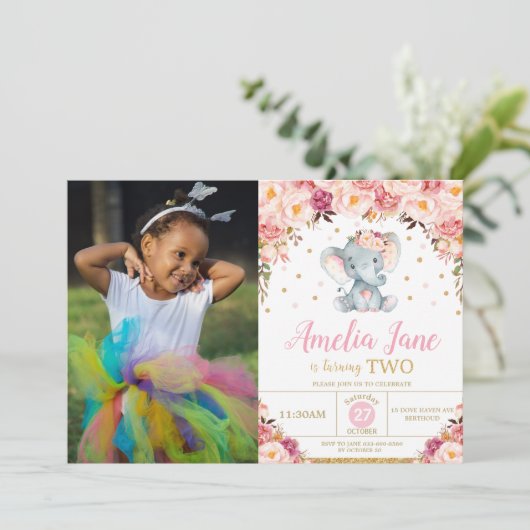 Blush bloemenolifant 2e verjaardag gouden foto kaart (Staand voorkant)