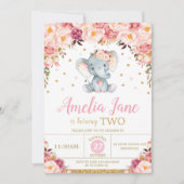 Blush bloemenolifant 2e verjaardag gouden glitter kaart (Voorkant)