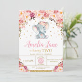 Blush bloemenolifant 2e verjaardag gouden glitter kaart (Staand voorkant)