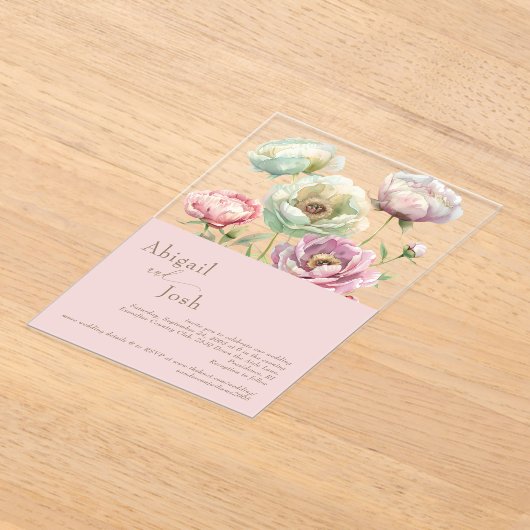 Blush bloemenpioenrozen acryl uitnodiging (Laagn)