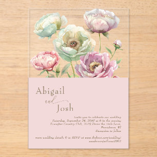 Blush bloemenpioenrozen acryl uitnodiging