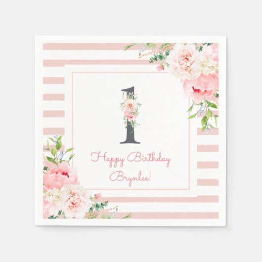 Blush bloemenroze streep 1e verjaardagsfeestje servet (Voorkant)