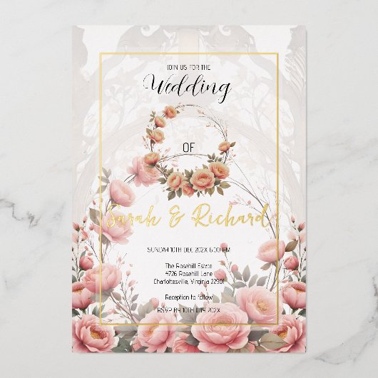 Blush bloementuin romantische vintage bruiloft folie uitnodiging (Voorkant)