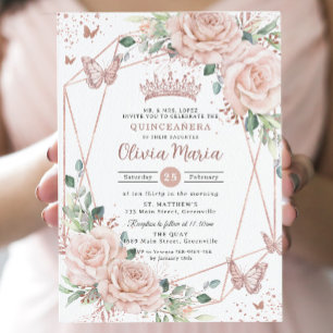 Blush bloemenvlinders Roos gouden quinceañera Kaart