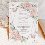 Blush bloemenvlinders Roos goudzoet zestien Kaart<br><div class="desc">Personaliseer deze elegante blush roze floral Sweet 16 verjaardagsuitnodigingskaart gemakkelijk en snel. Klik op de knop Bewerken met Design-gereedschappen om de teksten verder te bewerken, lettertypen en lettertypekleuren te wijzigen. Met zacht waterverf blush roze rozen, roos gouden vlinders en een modern roos gouden geometrische lijst. Overeenkomende objecten beschikbaar in de...</div>