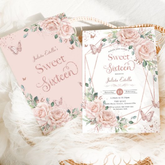 Blush bloemenvlinders Roos goudzoet zestien Kaart