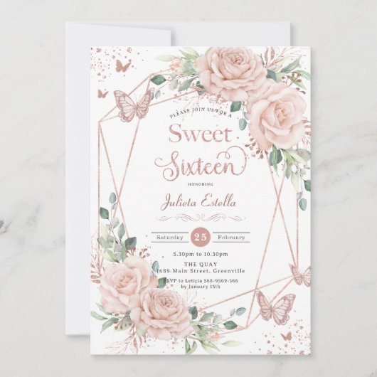 Blush bloemenvlinders Roos goudzoet zestien Kaart (Voorkant)