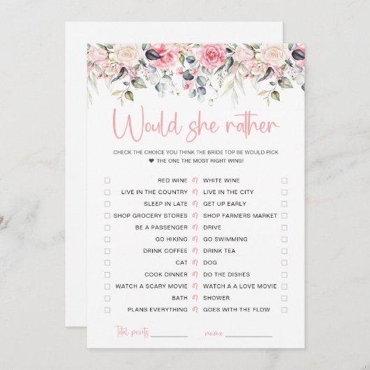 Blush Bloemige Zou Zij Liever Bruidskaart Kaart (Voorkant / Achterkant)