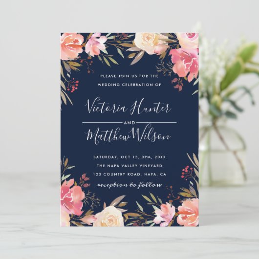 Blush Bloom Bloemen Huwelijksuitnodiging | Marineb Kaart (Staand voorkant)