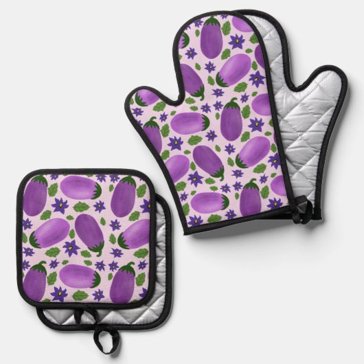 Blush & Bloom Eggplant Collection – Soft Lilac Ovenwant & Pannenlap Set (Voorkant / Achterkant)