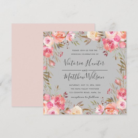 Blush Bloom Floral Wedding Invitation | Grijs Kaart (Voorkant / Achterkant)