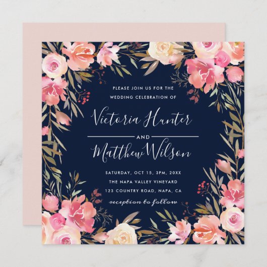 Blush Bloom Floral Wedding Invitation | marine Kaart (Voorkant / Achterkant)