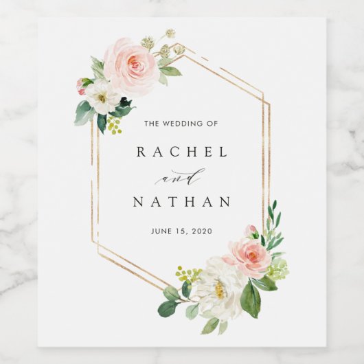 Blush Bloom Gold Zeshoek Lijst Bruiloft Wijn Etiket (Enkel label)